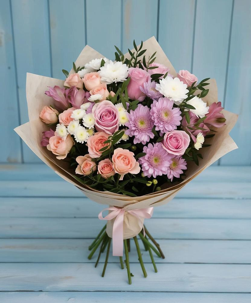 Букет цветов из: Хризантемы, Розы и Альстромерии в Васюринской
